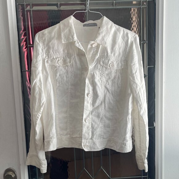 Liz Claiborne White Button Up Linen Jacket Soft Retro Chic Pockets Womens Size L - Picture 2 of 4